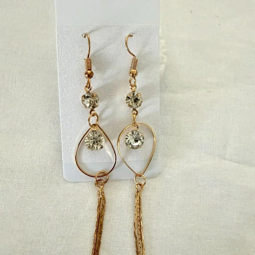 Gold Dangling Earrings With Teardrop Design And Rhinestones Long Chain Tassels